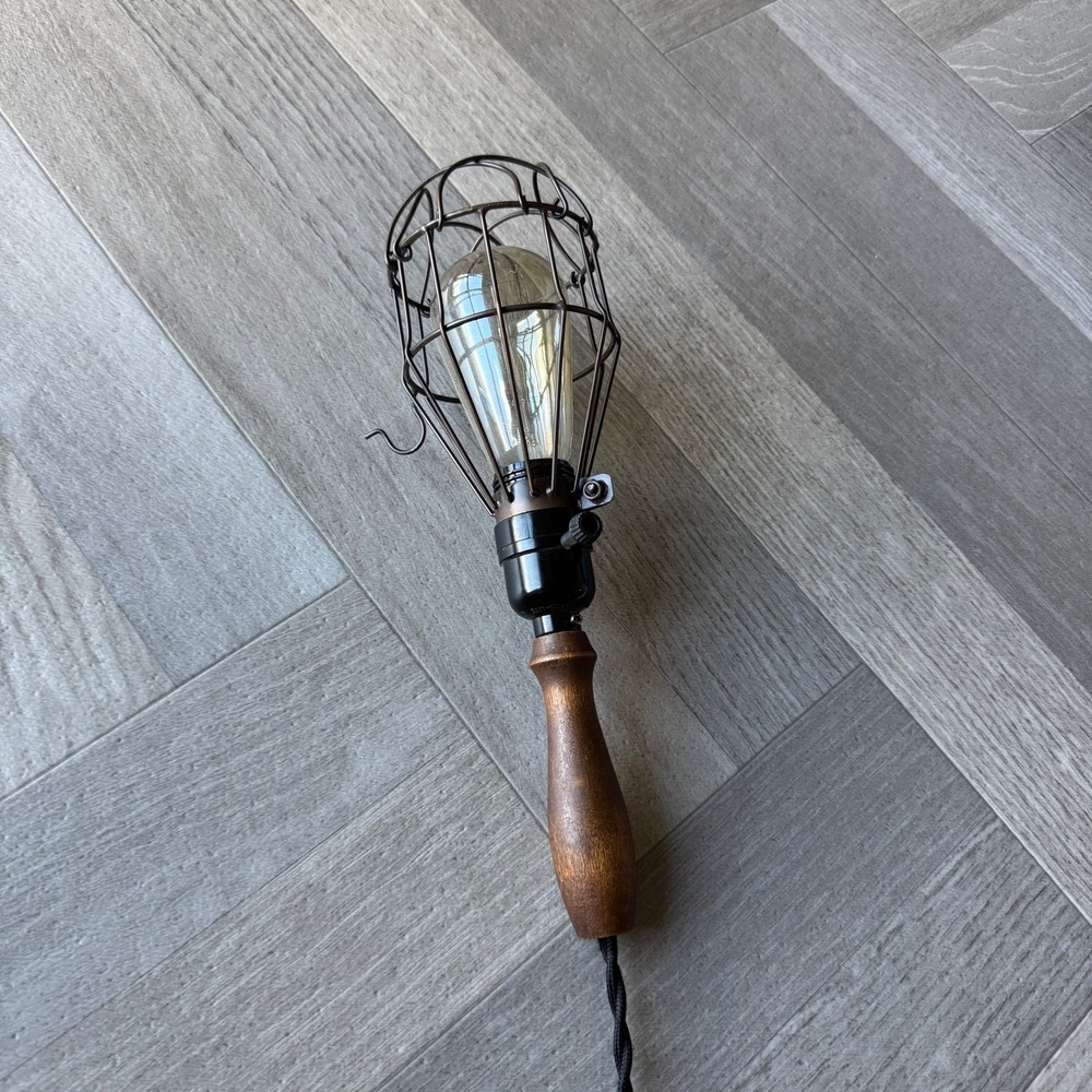 Industrial Wire Cage Trouble Light Pendant Wood Handle Edison Bulb Swag Lamp